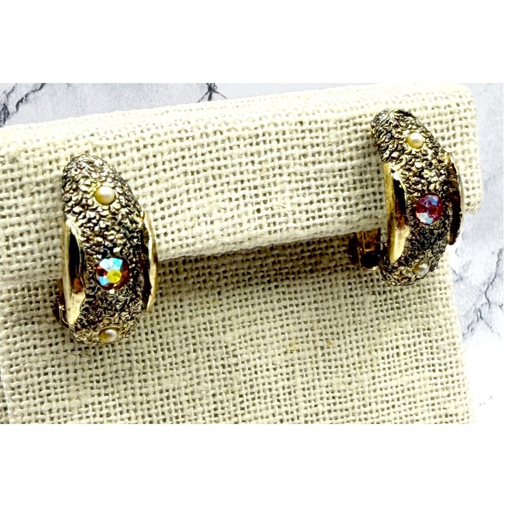 Vintage Judy Lee AB Rhinestone Faux Pearl Clip-On Earrings Gold Tone